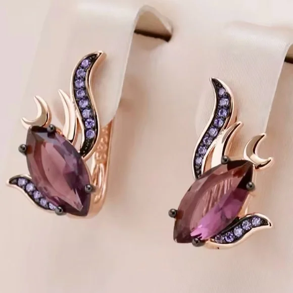 Unique Rose Gold 585RG Purple Natural Gem Zircon Fish Design Earrings - Picture 7 of 9
